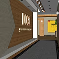 Modern Elevator Hallway With Wooden Accents Marble Flooring Lighting Strips And Company Logo