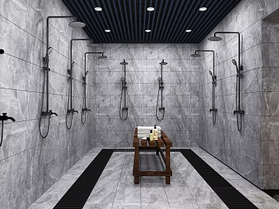 Luxurious SPA Sauna Interior with Multiple Shower Heads Marble Walls Black Ceiling and Wooden Cart 3d model