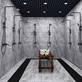 Luxurious SPA Sauna Interior with Multiple Shower Heads Marble Walls Black Ceiling and Wooden Cart