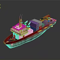 Cargo Ship with Red and Yellow Hull Equipped with Containers and Crane