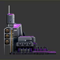 Futuristic Purple And Gray Metallic Mechanical Structure With Tower Platform Gear Like Elements