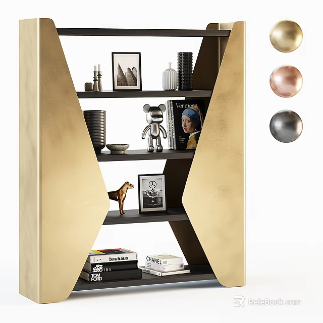 Modern Multilayer Gold Black Storage Shelf With Decorative Figurines Books And Artwork 3d model 