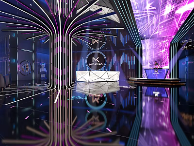 Modern KTV Interior With Purple Blue Neon Lights Glowing Tree Decor Stage And Reflective Floor 3d model