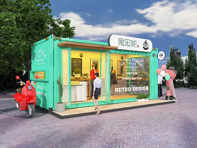 Teal Container Building Retro Design with Green Plants and People Nearby Cafe Shop 3d model