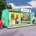 Teal Container Building Retro Design with Green Plants and People Nearby Cafe Shop