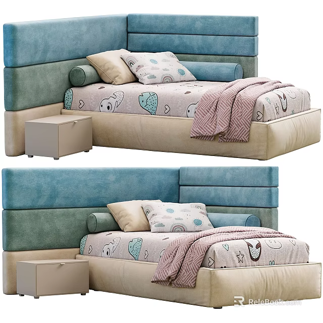 Cozy Single Bed With Soft Headboard And Patterned Bedding 3d model 