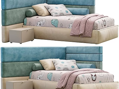 Cozy Single Bed With Soft Headboard And Patterned Bedding 3d model