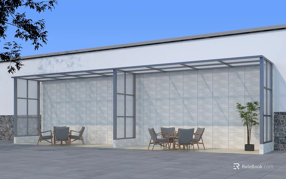 Modern Building Exterior Featuring Glass Canopy Outdoor Seating White Wall Gray Floor And Plant 3d model 