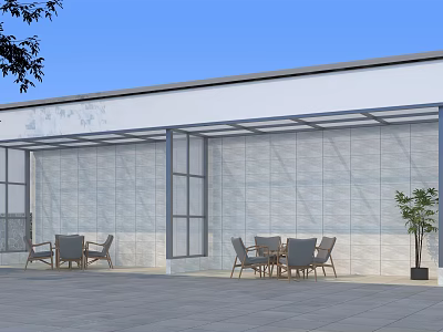 Modern Building Exterior Featuring Glass Canopy Outdoor Seating White Wall Gray Floor And Plant 3d model
