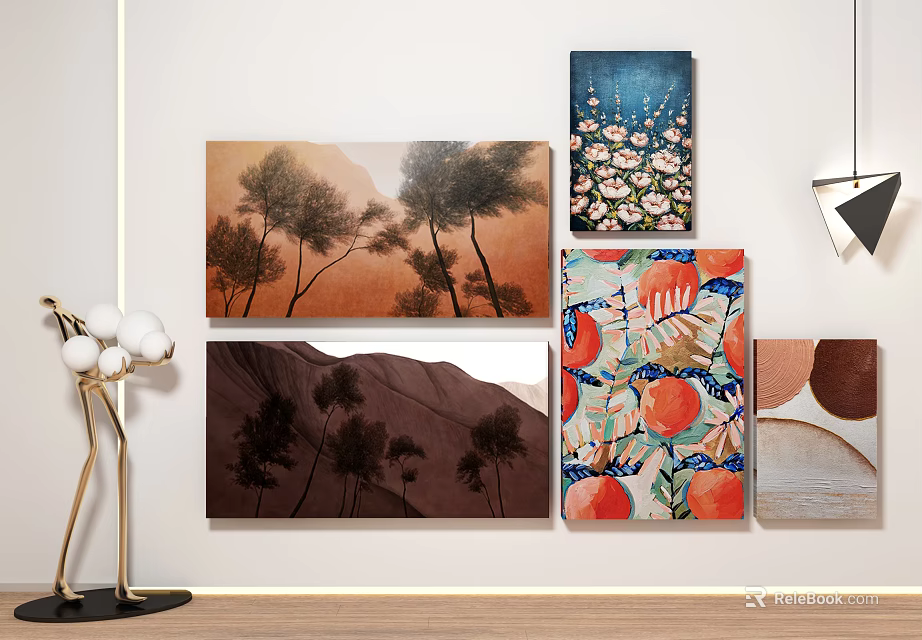 Modern Decorative Wall Artworks with Landscape Floral Fruit Paintings and Gold Lamp 3d model 
