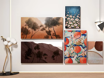 Modern Decorative Wall Artworks with Landscape Floral Fruit Paintings and Gold Lamp 3d model