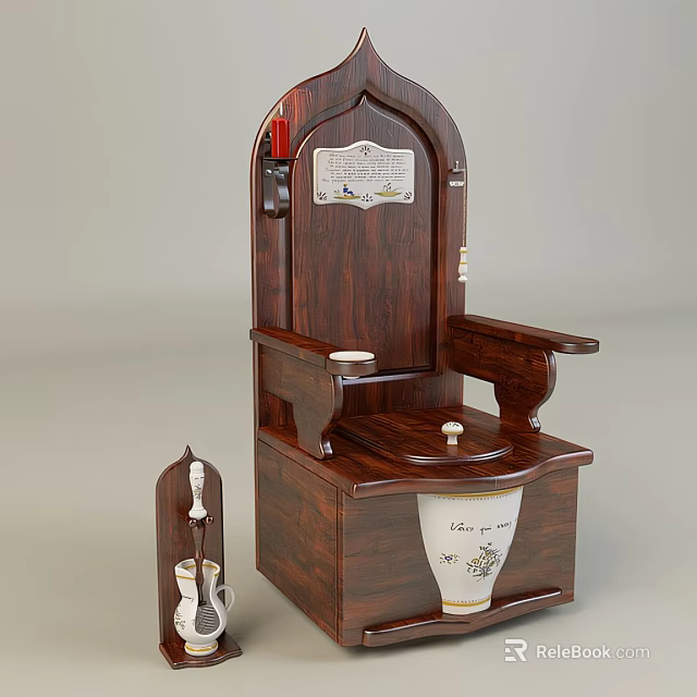 Wooden Carved Toilet Design With Side Storage Shelf And Ceramic Cup Accessory 3d model 