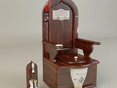 Wooden Carved Toilet Design With Side Storage Shelf And Ceramic Cup Accessory 3d model