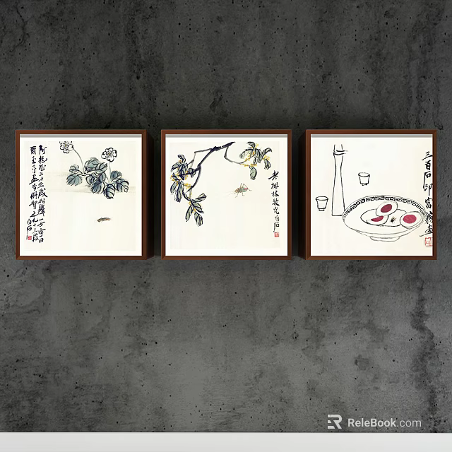 Traditional Chinese Decorative Wall Art With Plants Insects Food And Calligraphy On Gray Concrete Wall 3d model 