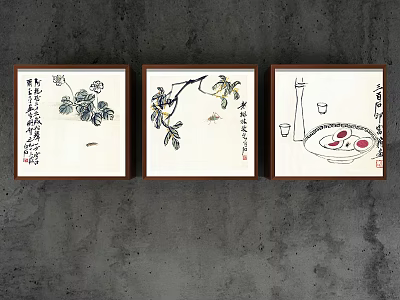 Traditional Chinese Decorative Wall Art With Plants Insects Food And Calligraphy On Gray Concrete Wall 3d model