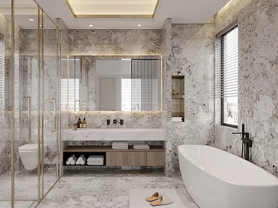 Modern Luxury Marble Bathroom With Freestanding Bathtub Glass Shower Enclosure And Illuminated Mirror Vanity Design 3d model