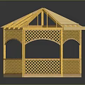 Yellow Wooden Gazebo Model With Hexagonal Base Triangular Roof Arched Doorway And Lattice Fence