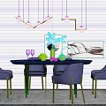 Modern Round Dining Table With Blue Chairs Hanging Lights And Wall Art 3d model