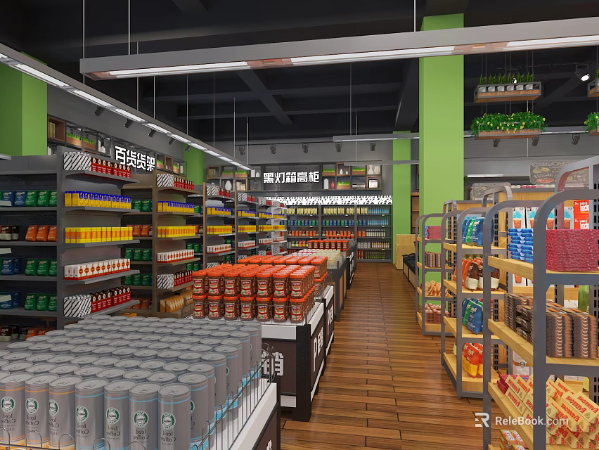 Supermarket Department Store with Various Grocery Products on Neat Shelves Green Pillars and Wooden Flooring 3d model 