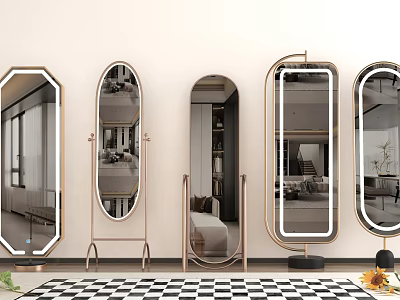 Various Shaped Mirrors With Brass Frames Reflecting Room Scenes For Interior Decor 3d model