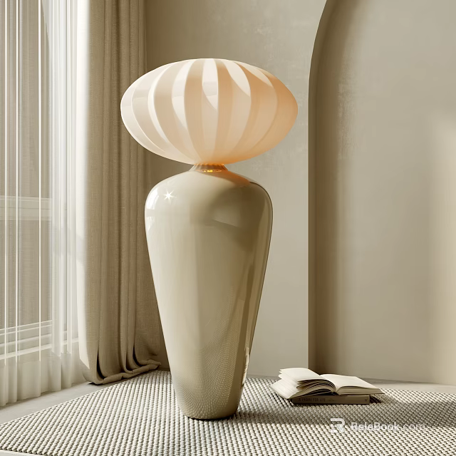Modern Stylish Floor Lamp With Cream Striped Shade Smooth Ceramic Base And Open Book 3d model 