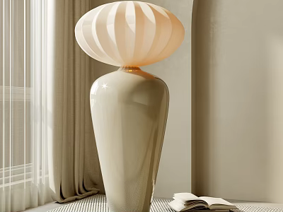 Modern Stylish Floor Lamp With Cream Striped Shade Smooth Ceramic Base And Open Book 3d model