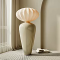 Modern Stylish Floor Lamp With Cream Striped Shade Smooth Ceramic Base And Open Book