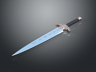 Ornate Sword With Silver Engraved Blade And Black Hilt Metallic Decoration 3d model