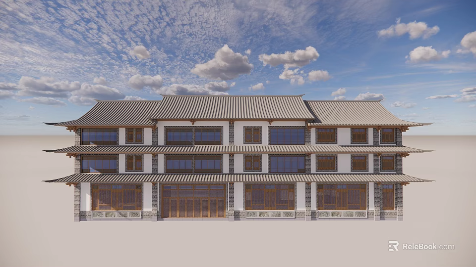 Traditional Chinese Style Office Building With Two Story Structure White Walls And Tile Roof 3d model 