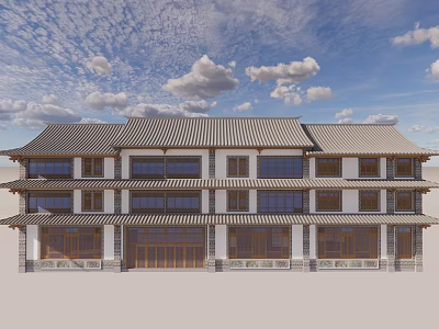 Traditional Chinese Style Office Building With Two Story Structure White Walls And Tile Roof 3d model