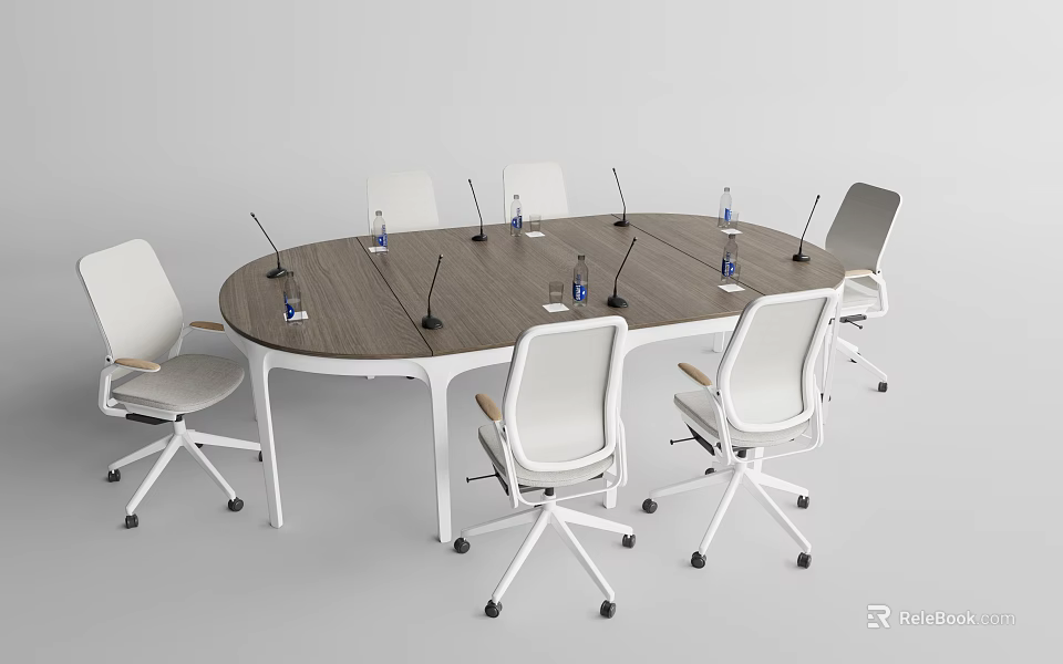 Modern Oval Wooden Conference Table With White Rolling Office Chairs Featuring Microphones And Water Bottles 3d model 