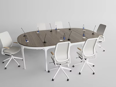 Modern Oval Wooden Conference Table With White Rolling Office Chairs Featuring Microphones And Water Bottles 3d model