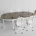 Modern Oval Wooden Conference Table With White Rolling Office Chairs Featuring Microphones And Water Bottles