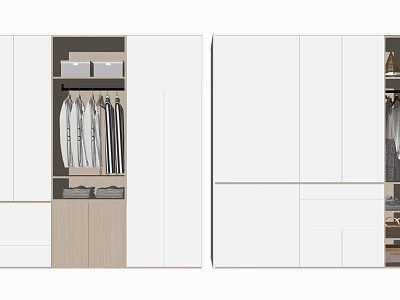 Modern Wardrobe Design With White And Light Wood Open Shelves Hanging Rods And Drawers 3d model