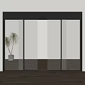 Sliding Glass Doors With Black Frame Transparent Glass In Modern Kitchen Potted Plant Wooden Floor