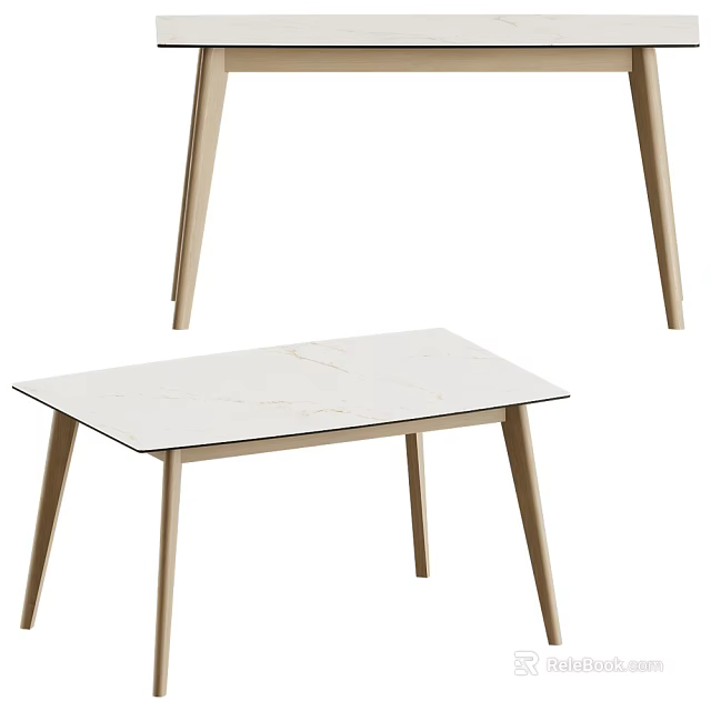 Modern Dining Table With White Marble Top And Slim Light Wood Legs 3d model 