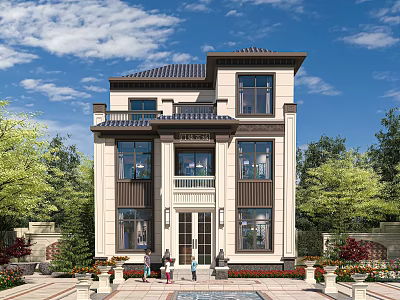 Elegant Two Story Detached Villa Exterior With Courtyard Family Green Plants And Blue Sky 3d model