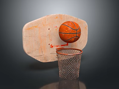 Basketball Equipment With Worn Wooden Backboard Orange Ball And Netted Hoop 3d model