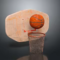 Basketball Equipment With Worn Wooden Backboard Orange Ball And Netted Hoop