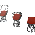 Three Woven Metal Frame Leisure Chairs With Red Cushions And Modern Design