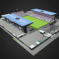 Modern Football Stadium With Blue Roof Seating Stands And Green Football Pitch