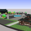 Traditional Chinese Ancient Architecture Courtyard With Central Blue Pond And Surrounding Trees