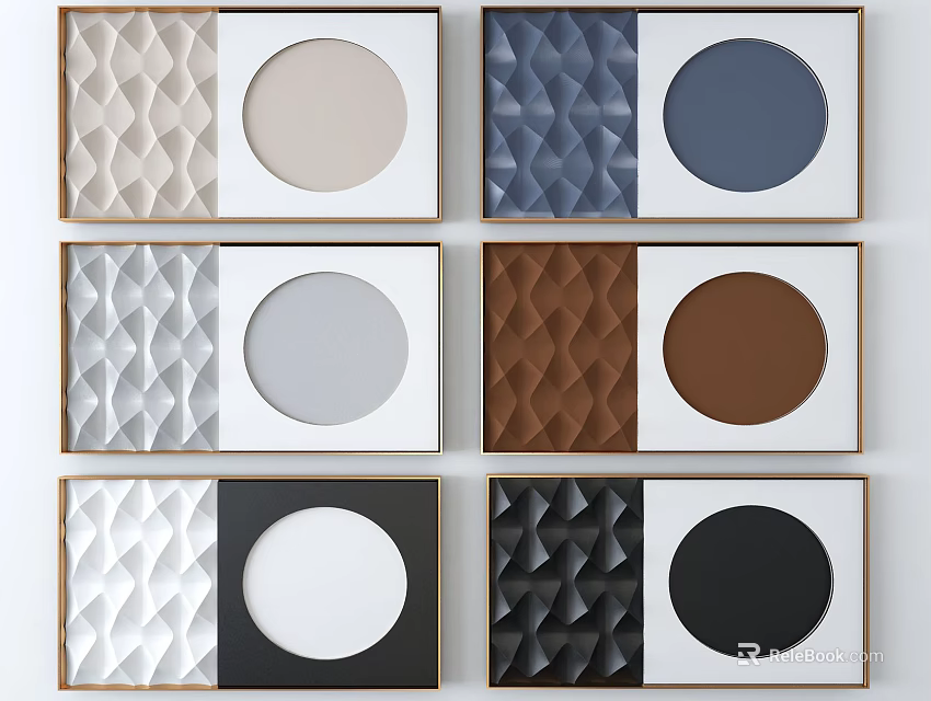 Wall Art Decor With Textured Patterns And Circular Color Blocks In White Frames 3d model