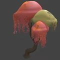 Artistic Tree With Three Colorful Canopies Orange Green Pink Hanging Red Tassels Brown Trunk
