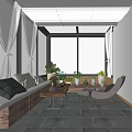 Cozy Villa Balcony with Sofa Armchair Coffee Table Potted Plants and City Skyline View