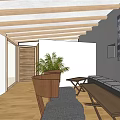 Hotel Guest Room Interior With Wooden Ceiling Bench Tables Chairs And Decorative Wall Art