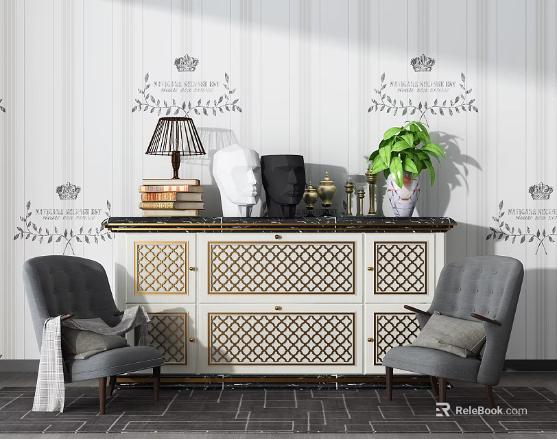 Stylish Entryway Console Table With Grid Design Gray Armchairs Table Lamp Books Sculpture Green Plant 3d model 