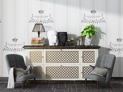 Stylish Entryway Console Table With Grid Design Gray Armchairs Table Lamp Books Sculpture Green Plant 3d model