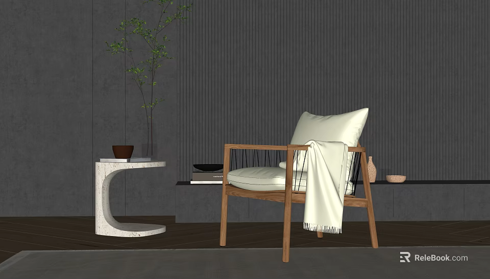 Leisure Chair With Wooden Frame Woven Seat White Cushion Blanket Side Table Plant 3d model 