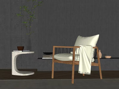 Leisure Chair With Wooden Frame Woven Seat White Cushion Blanket Side Table Plant 3d model